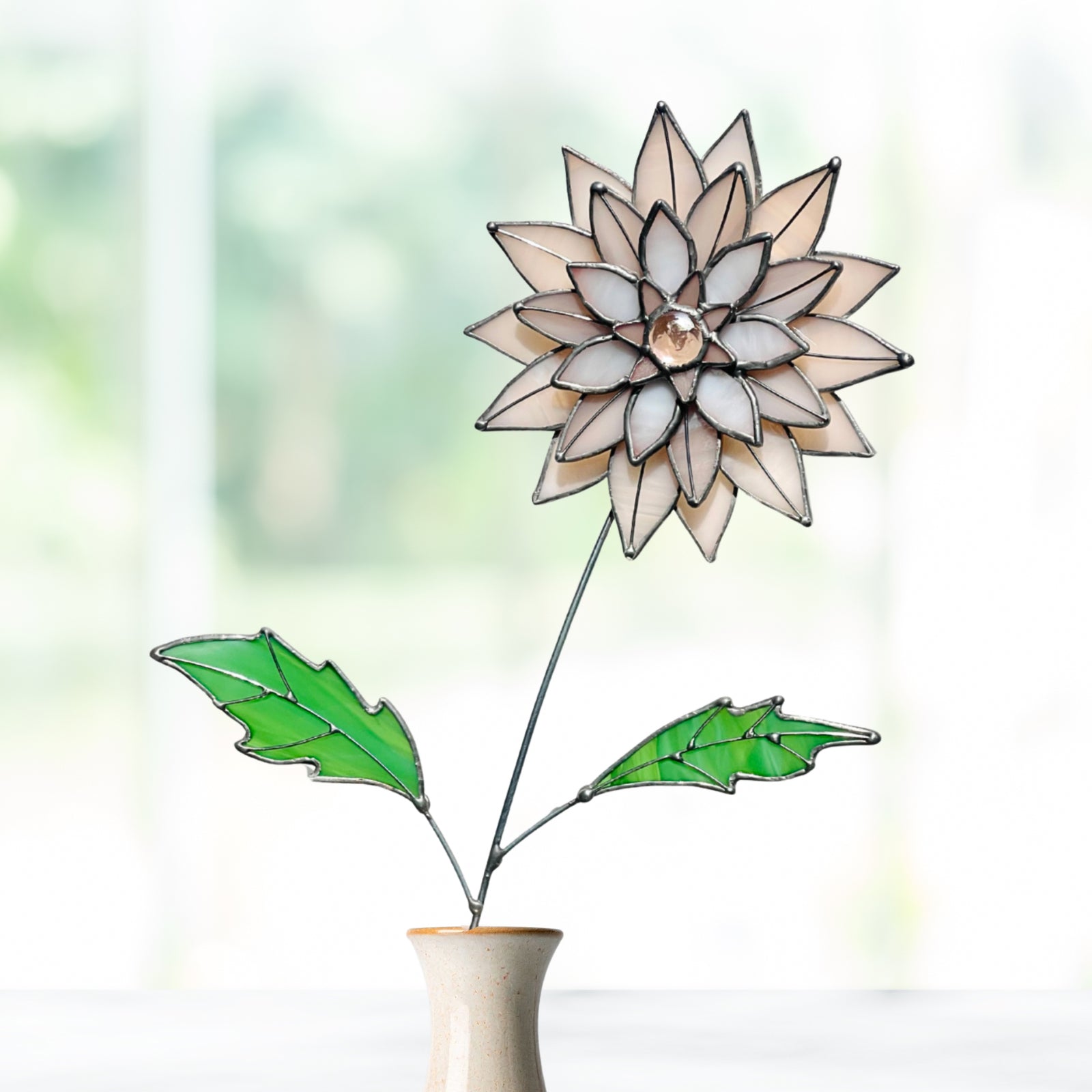 Peachy Pink 3D Stained Glass Dahlia Stem | Layered Glass Flower Art - Samara Designs Studio