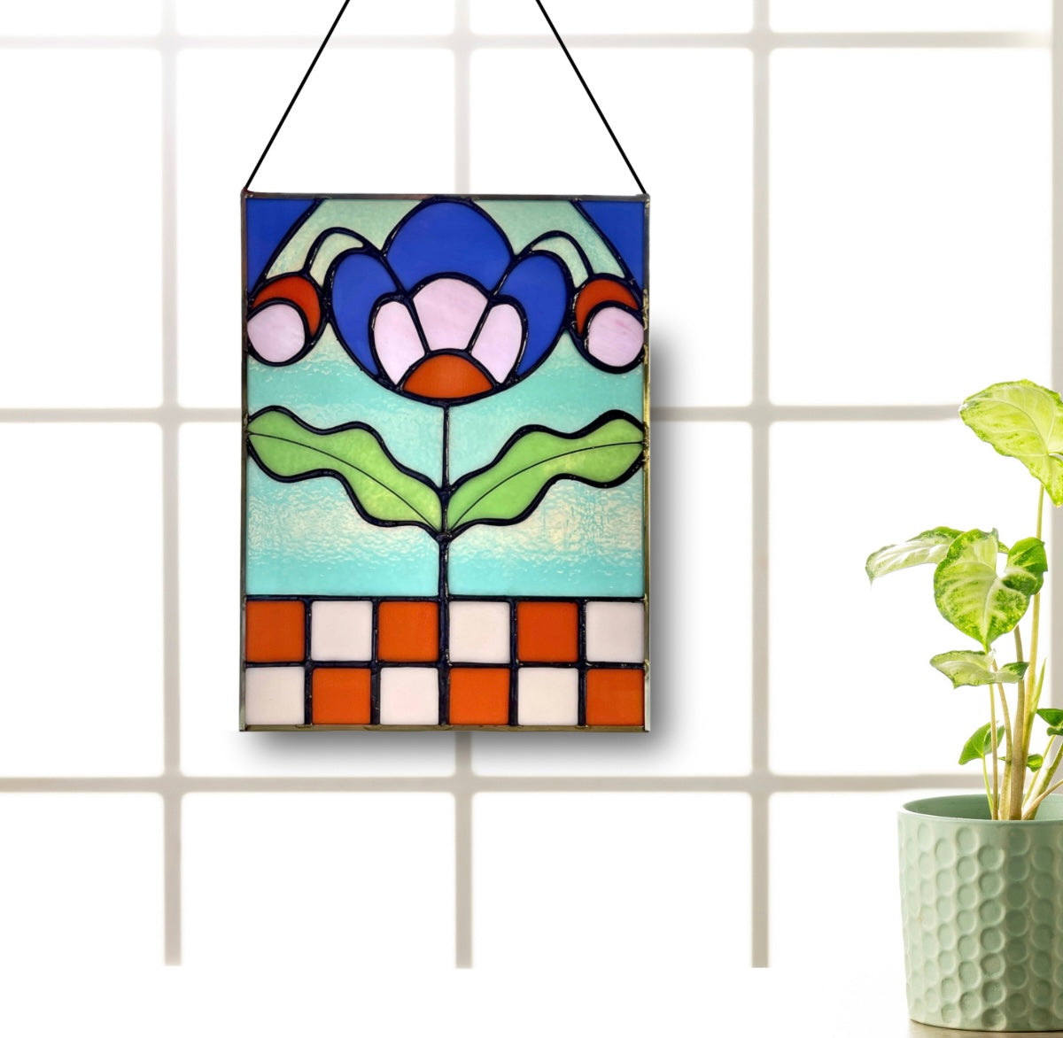 Checkered Blossom Folk Art Botanical Stained Glass Panel - Samara Designs Studio