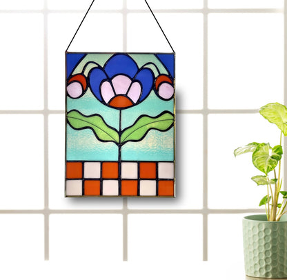 Checkered Blossom Folk Art Botanical Stained Glass Panel - Samara Designs Studio