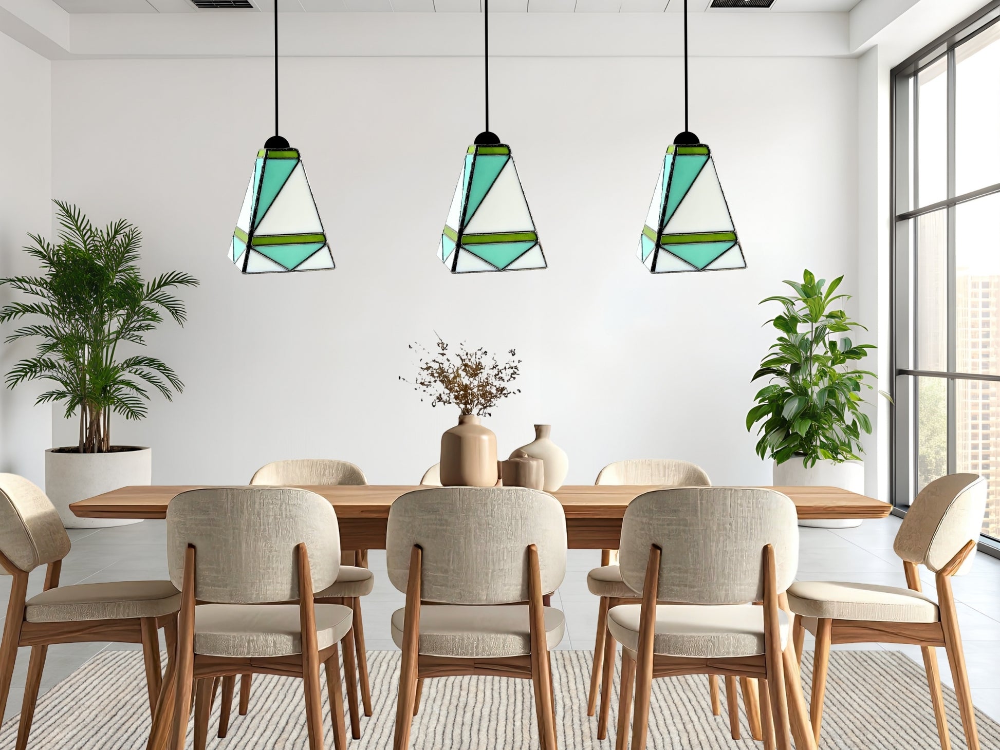 GeoGlow Mid-Century Modern Stained Glass Pendant – Designer Trio Set of 3 - Samara Designs Studio