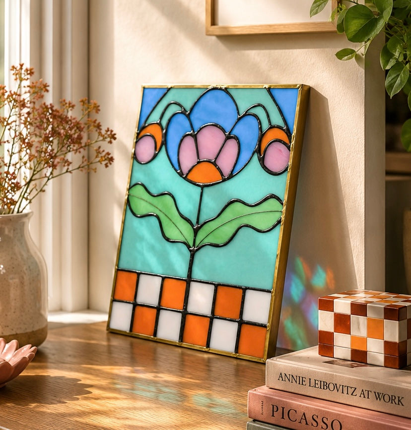 Checker Blossom Folk Art Botanical Stained Glass Panel - Samara Designs Studio