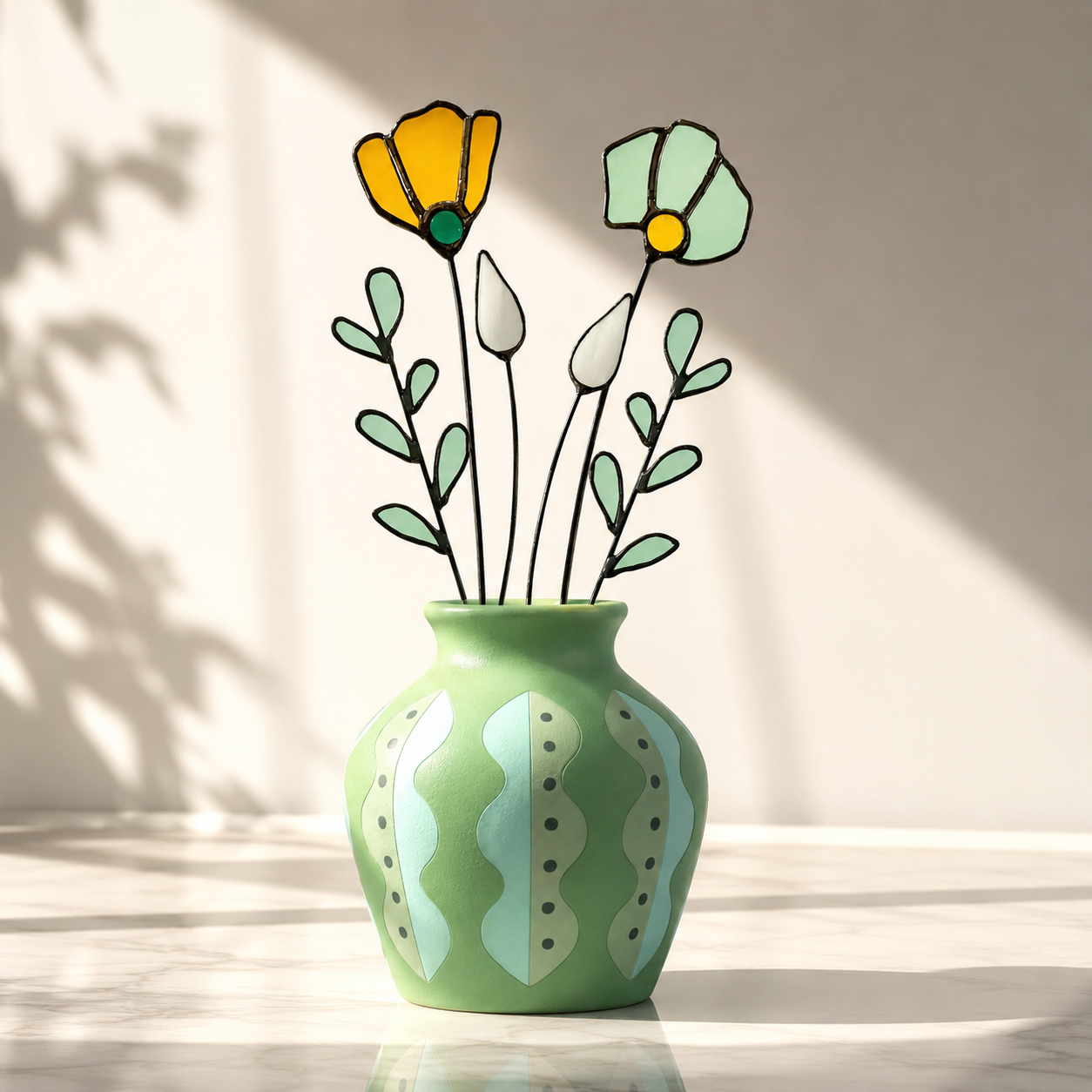 Handmade Stained Glass Wildflower Arrangement –  Amber & Sage Green - Samara Designs Studio