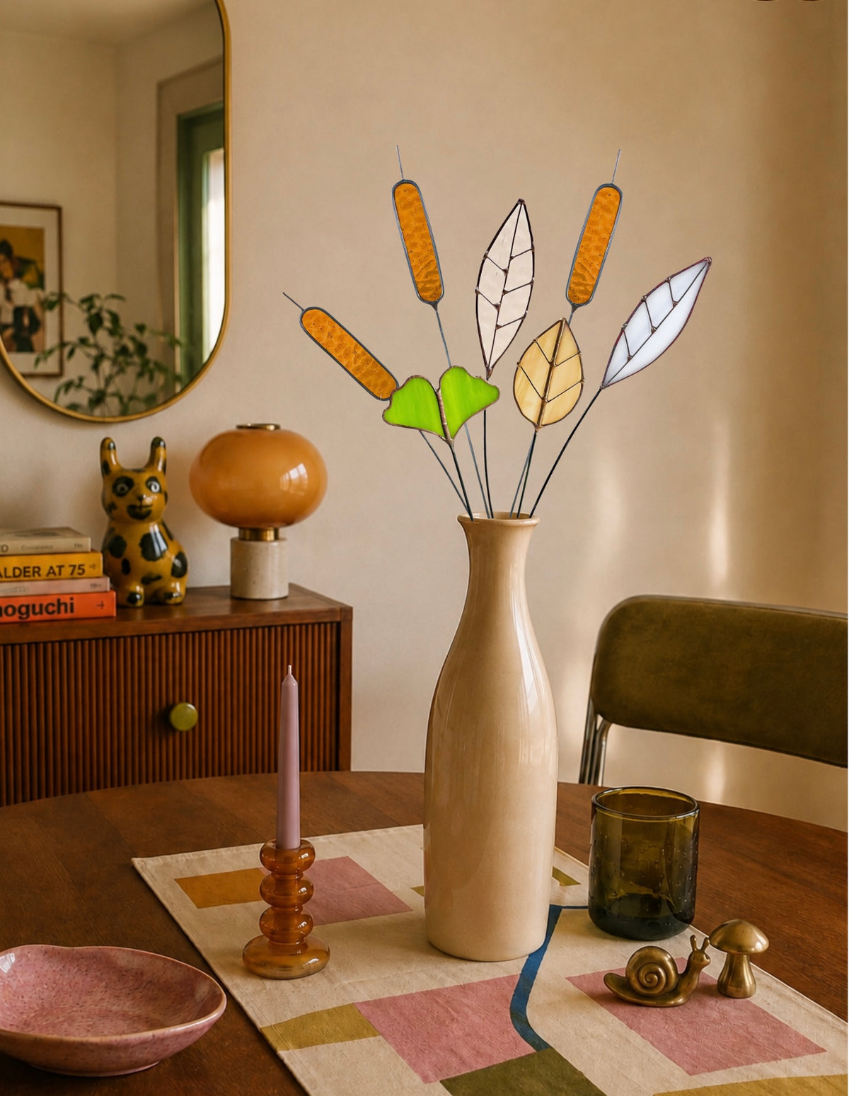 Stained Glass Botanical Bouquet | Amber Cattails & Ginkgo Leaves