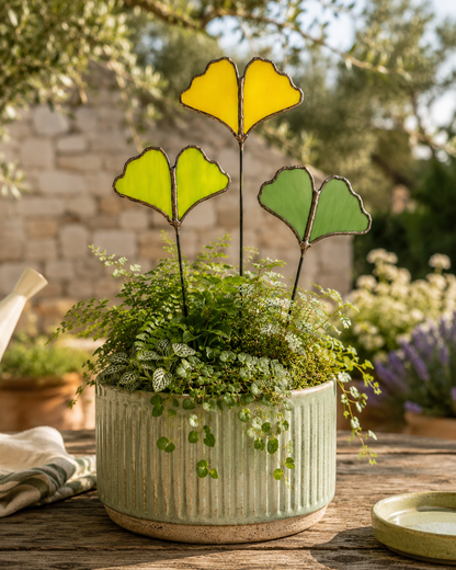 Handmade Stained Glass Ginkgo Leaf Plant Stakes – Modern Botanical Decor for Pots, Terrariums & Succulent Arrangements
