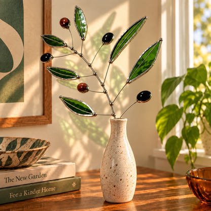 Stained Glass Olive Branch Stem – Symbol of Peace & Friendship - Samara Designs Studio