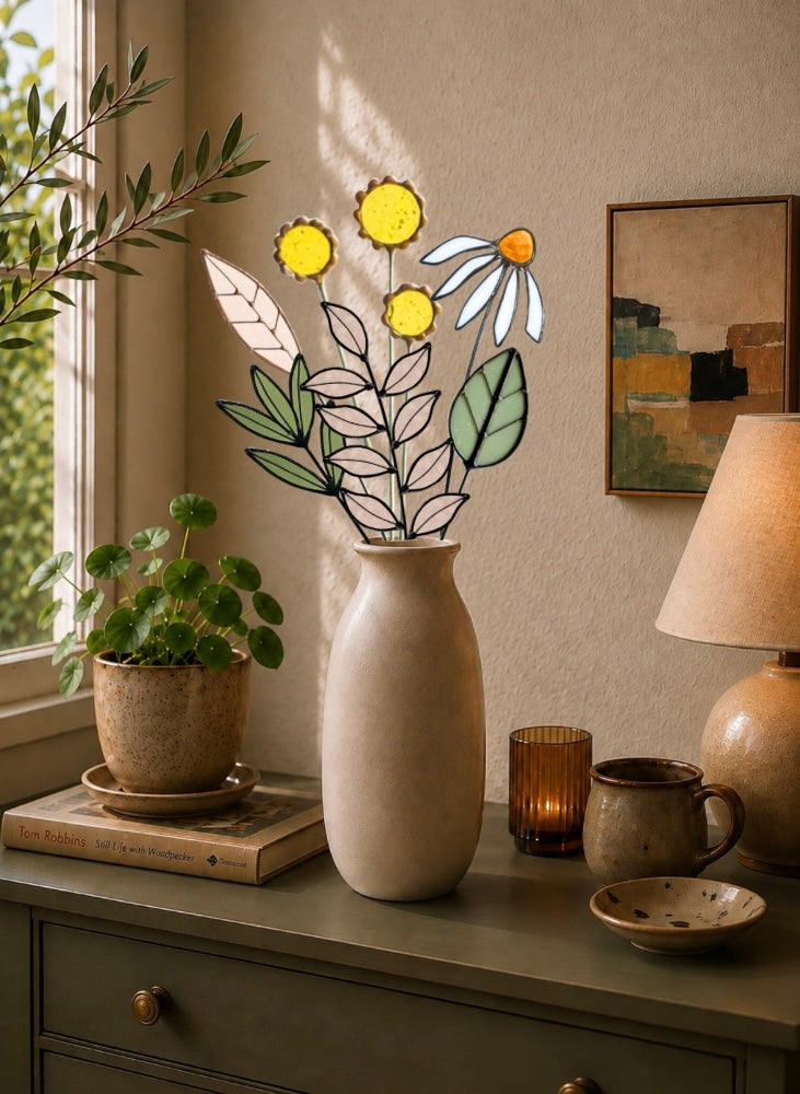 Stained Glass Wildflower Arrangement | Yellow Billy Buttons & White Coneflower