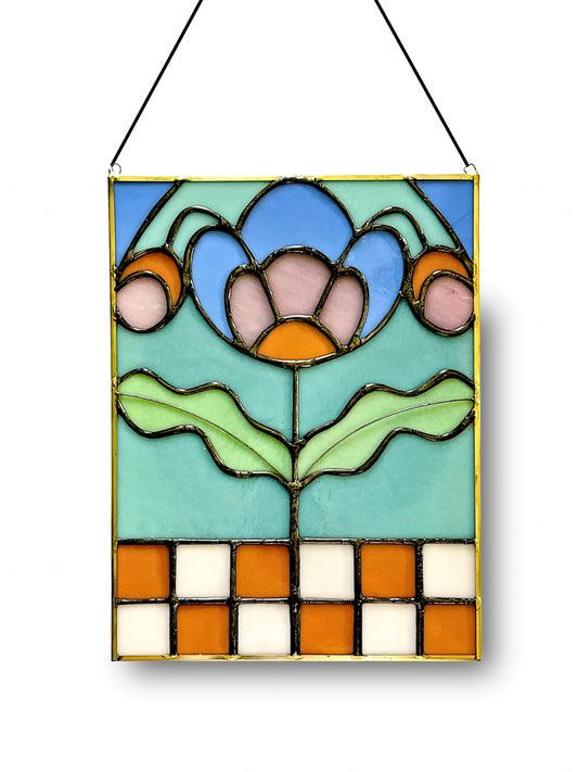 Checkered Blossom Folk Art Botanical Stained Glass Panel - Samara Designs Studio
