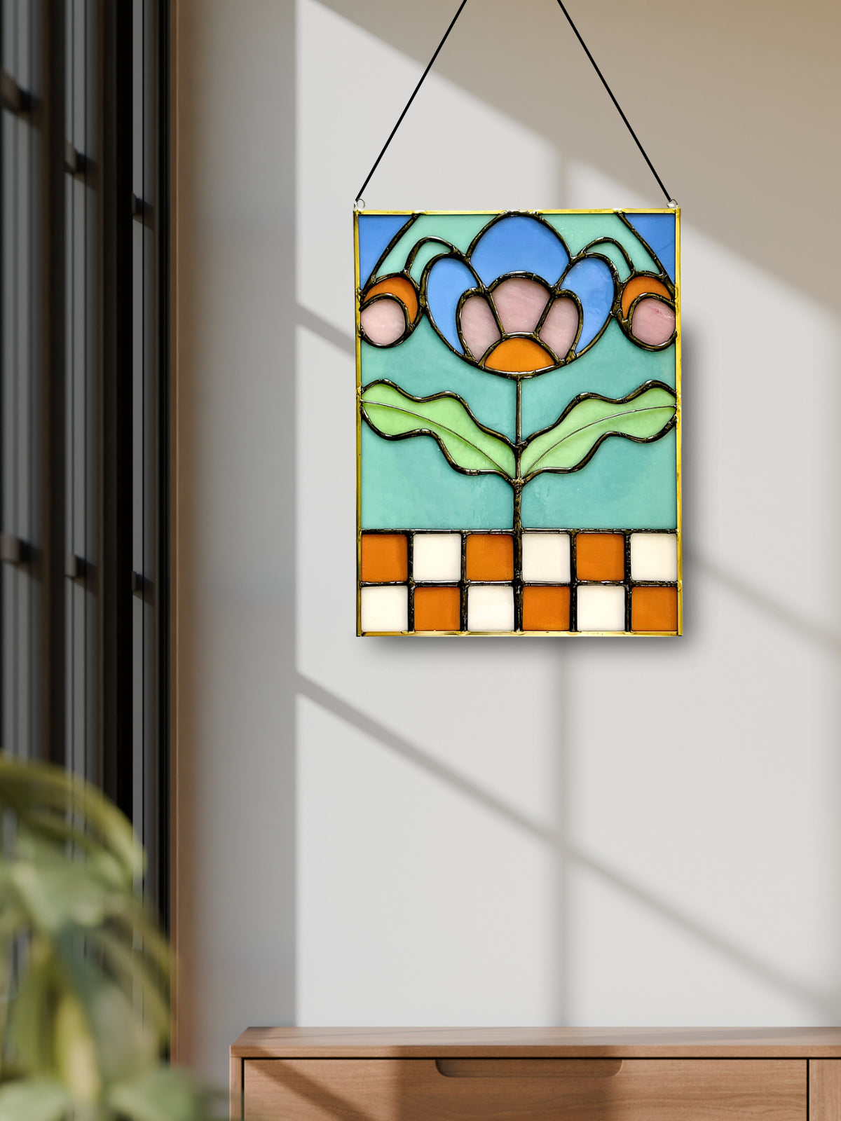 Checkered Blossom Folk Art Botanical Stained Glass Panel - Samara Designs Studio