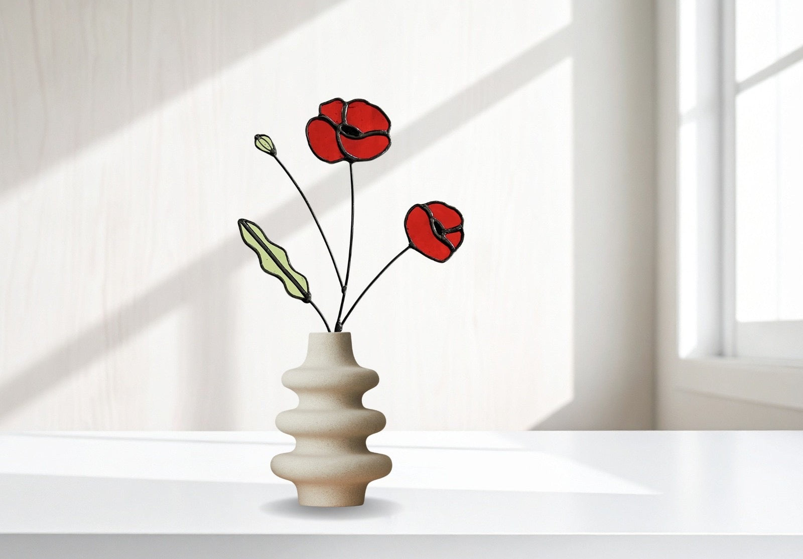 Red Poppy Stained Glass Stem – Handmade Botanical Art - Samara Designs Studio