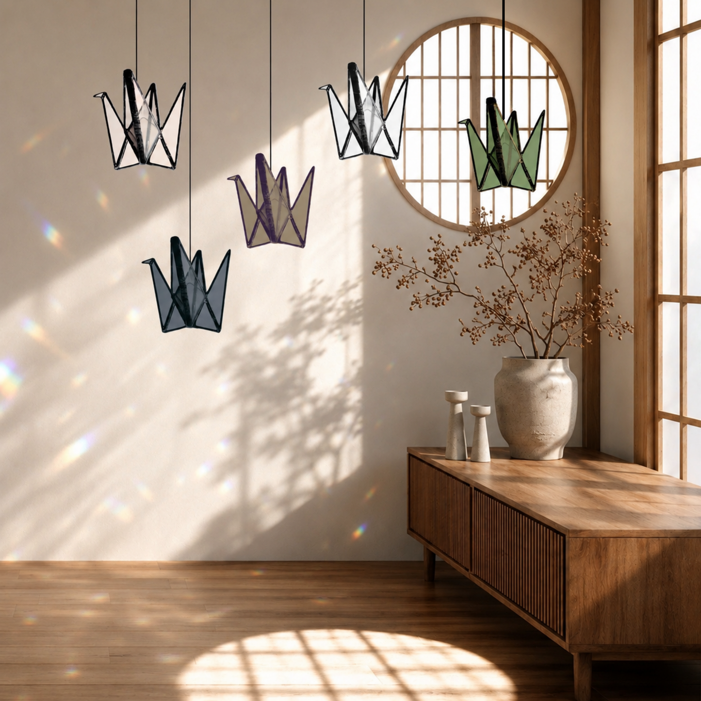 Japandi Stained Glass Origami Crane Suncatcher
