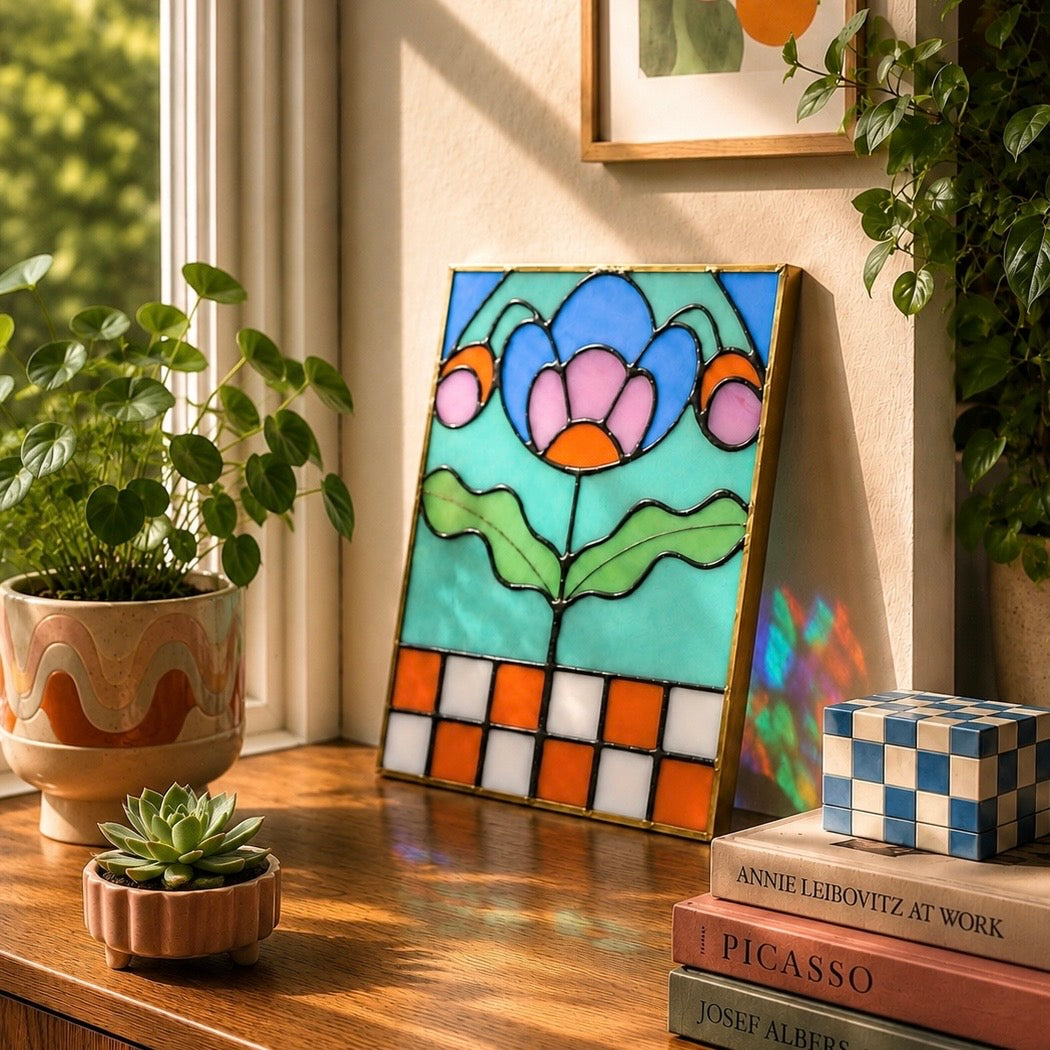 Checker Blossom Folk Art Botanical Stained Glass Panel - Samara Designs Studio
