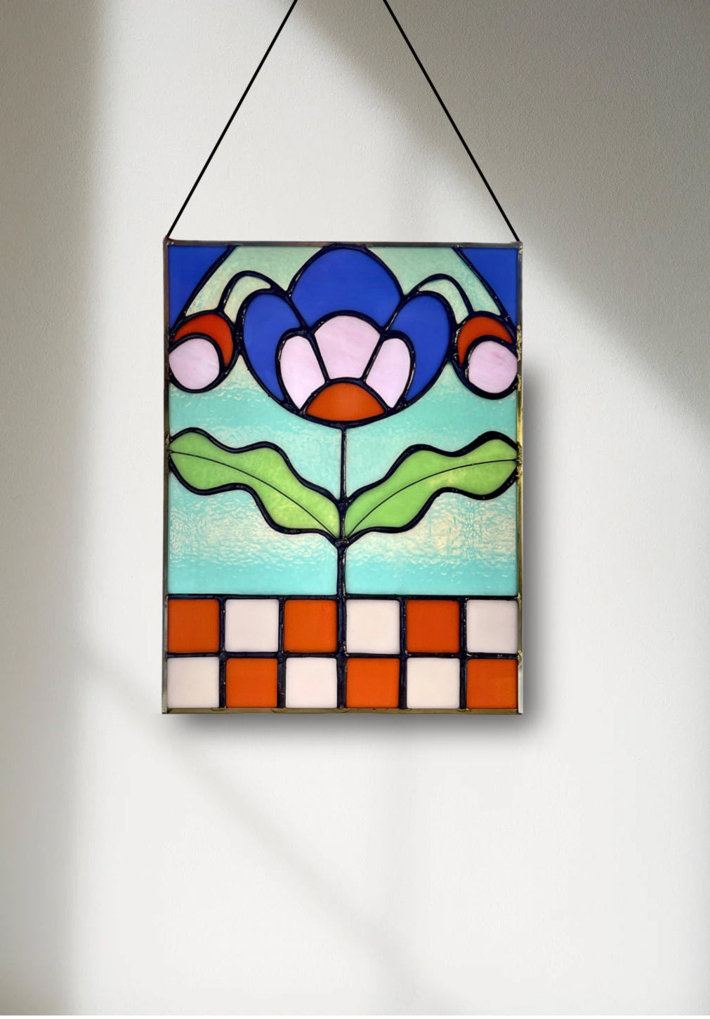Checkered Blossom Folk Art Botanical Stained Glass Panel - Samara Designs Studio