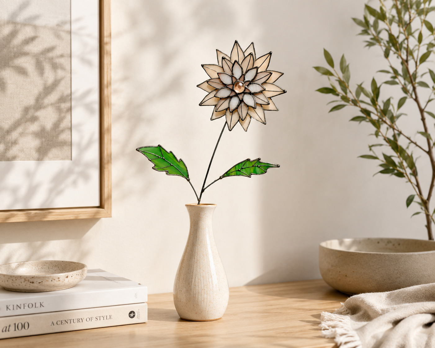 Peachy Pink 3D Stained Glass Dahlia Stem | Layered Glass Flower Art - Samara Designs Studio