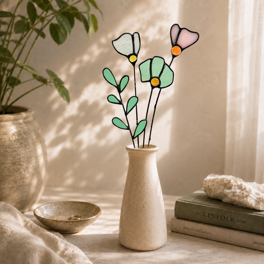 Handmade Stained Glass Wildflower Arrangement –Pastel Pink & Soft Green
