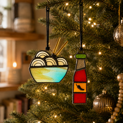 Stained Glass Ramen + Hot Sauce Gift Set | Foodie Suncatchers & Christmas Ornaments