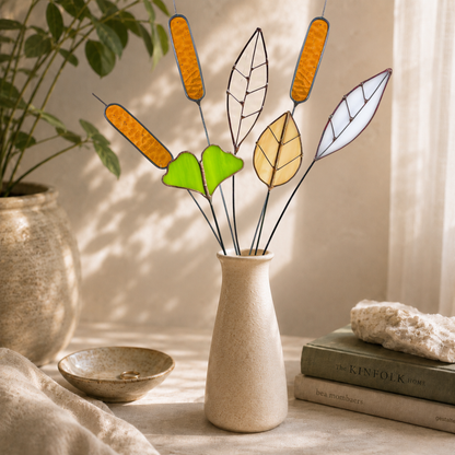 Stained Glass Botanical Bouquet | Amber Cattails & Ginkgo Leaves