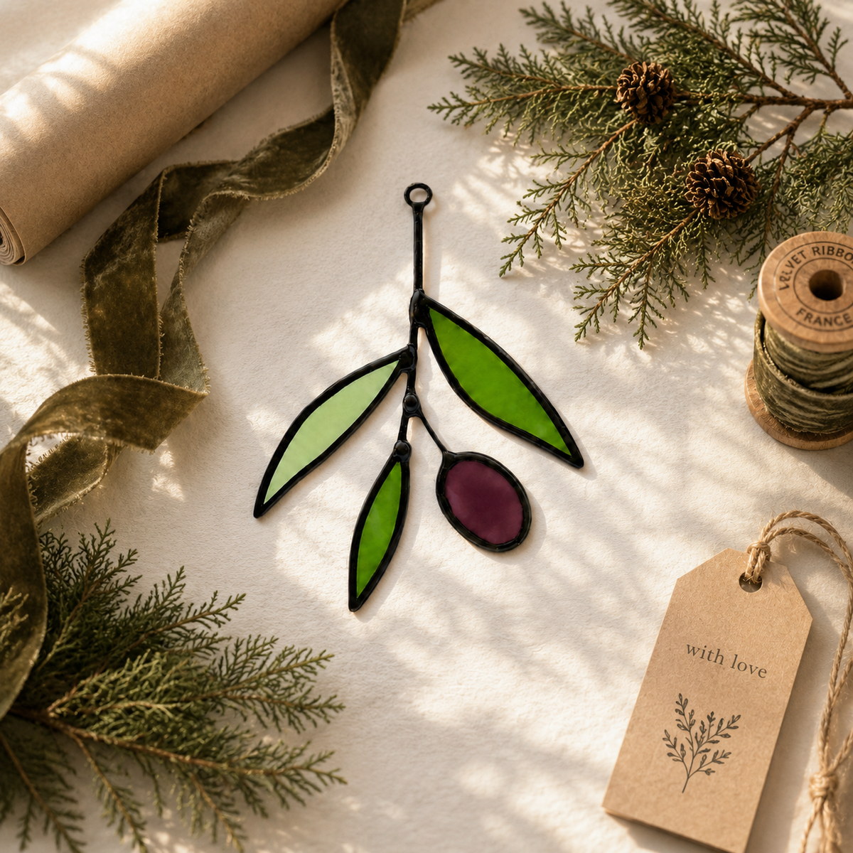 Mini Stained Glass Olive Branch Suncatcher - Samara Designs Studio