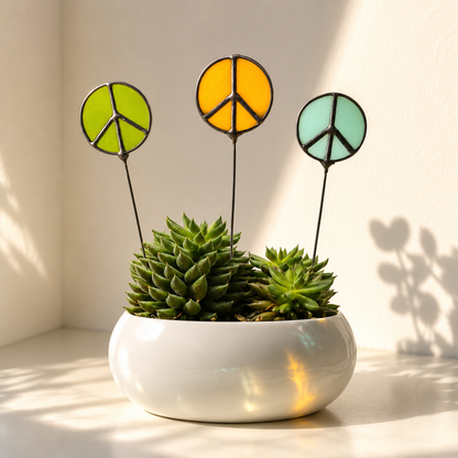 Glass Peace Sign Plant Stakes – Handmade Stained Glass Garden Decor - Samara Designs Studio