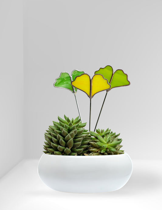 Handmade Stained Glass Ginkgo Leaf Plant Stakes – Modern Botanical Decor for Pots, Terrariums & Succulent Arrangements - Samara Designs Studio