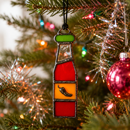 Stained Glass Hot Sauce Bottle Suncatcher & Christmas Ornament | Foodie Gift