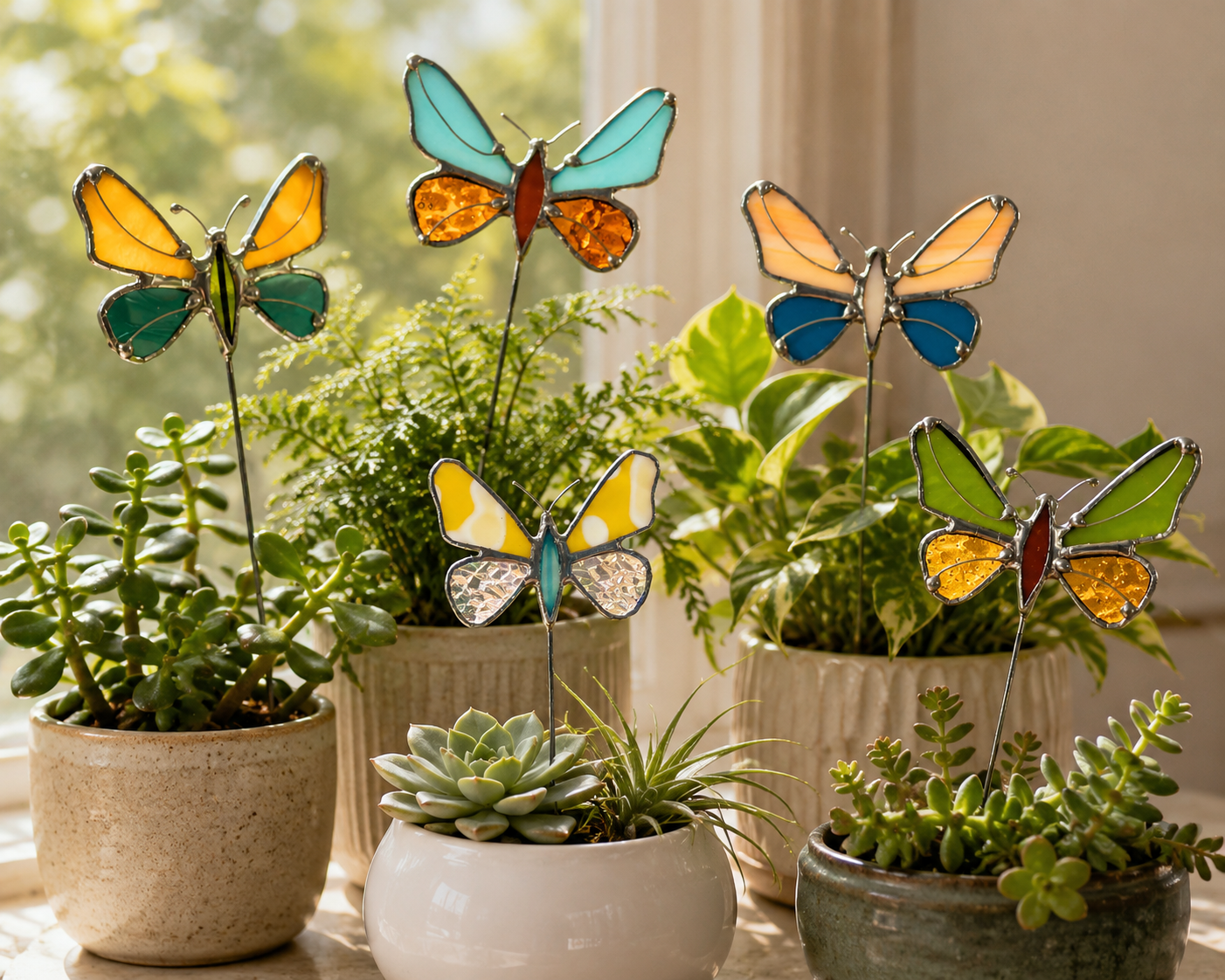 Five handmade stained glass butterfly plant stakes displayed in potted houseplants on a sunny windowsill, showcasing the complete butterfly collection in five unique color combinations.