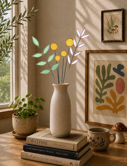 A decorative stained glass botanical arrangement with green leaves and yellow billy balls displayed in a beige ceramic vase on a wooden table, styled with books, a small potted plant, a ceramic mug, and framed botanical art in a sunlit room.