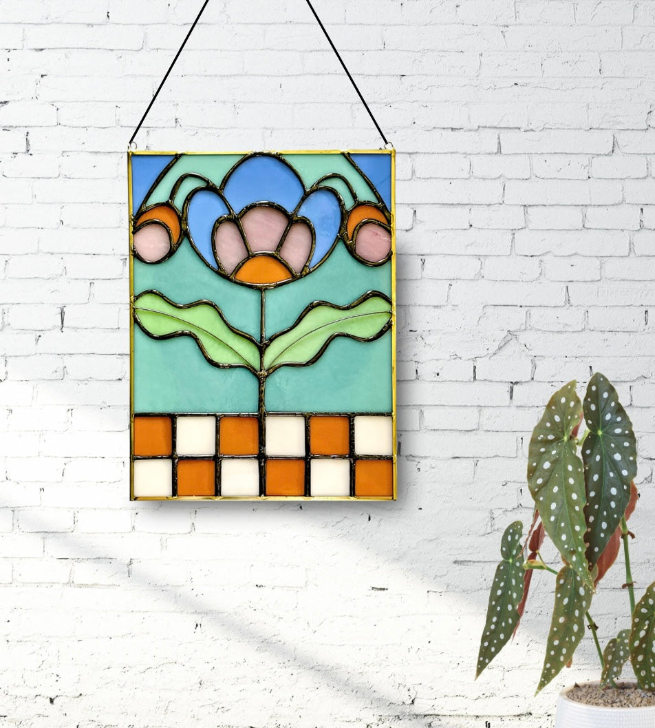Checkered Blossom Folk Art Botanical Stained Glass Panel - Samara Designs Studio