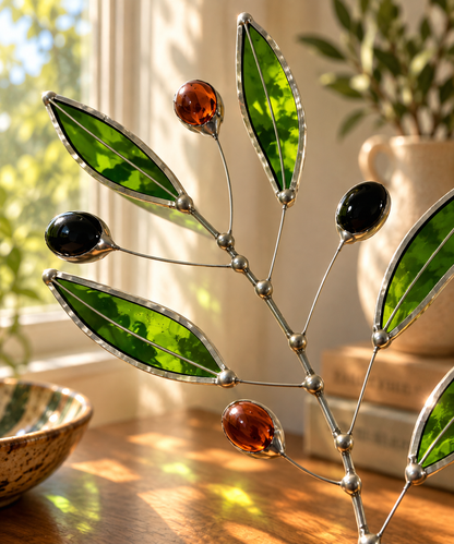 Stained Glass Olive Branch Stem – Symbol of Peace & Friendship - Samara Designs Studio
