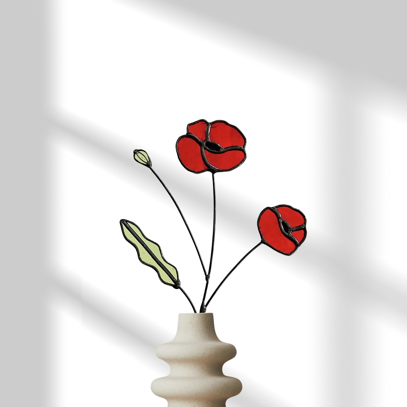 Red Poppy Stained Glass Stem – Handmade Botanical Art - Samara Designs Studio