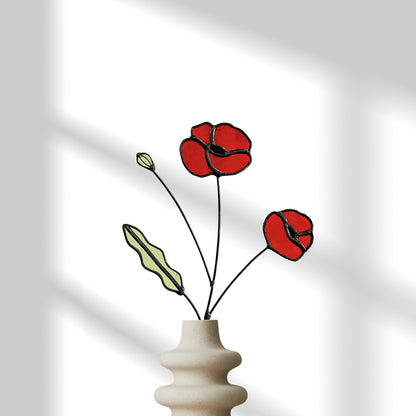 Red Poppy Stained Glass Stem – Handmade Botanical Art - Samara Designs Studio