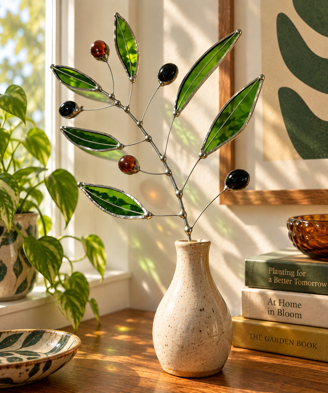 Stained Glass Olive Branch Stem – Symbol of Peace & Friendship - Samara Designs Studio
