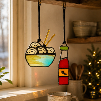 Stained Glass Ramen + Hot Sauce Gift Set | Foodie Suncatchers & Christmas Ornaments