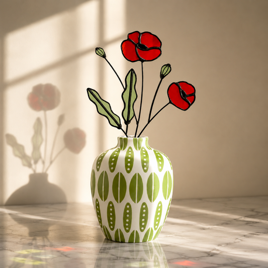Red Poppy Stained Glass Stem – Handmade Botanical Art - Samara Designs Studio