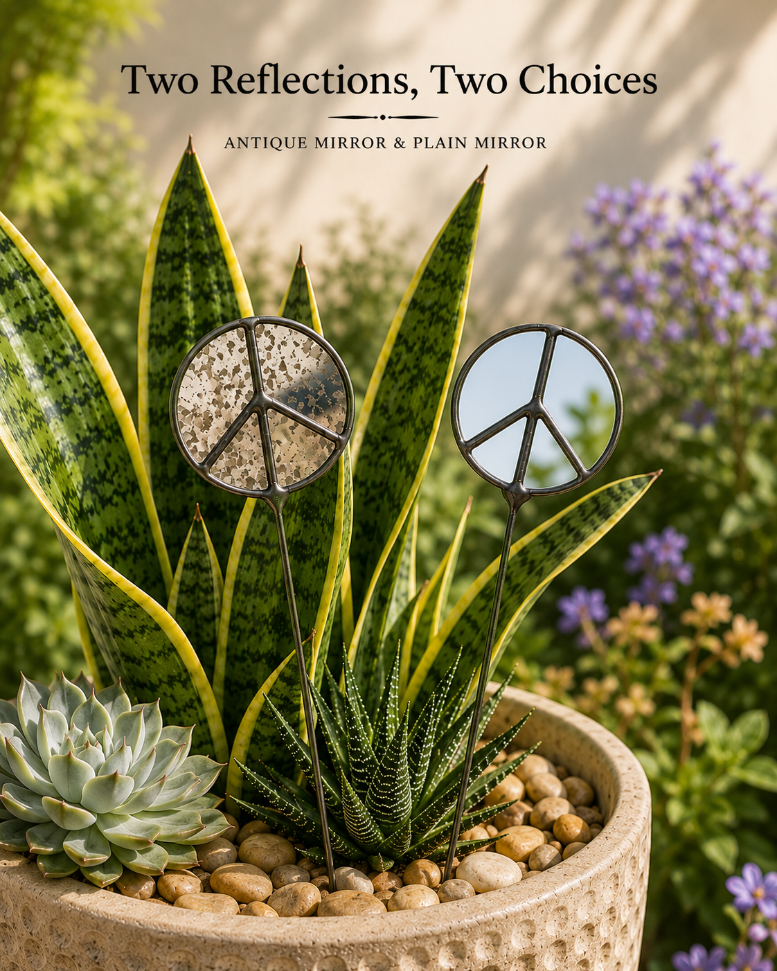 Mirror Peace Sign Plant Stakes – Plain or Antique Glass - Samara Designs Studio