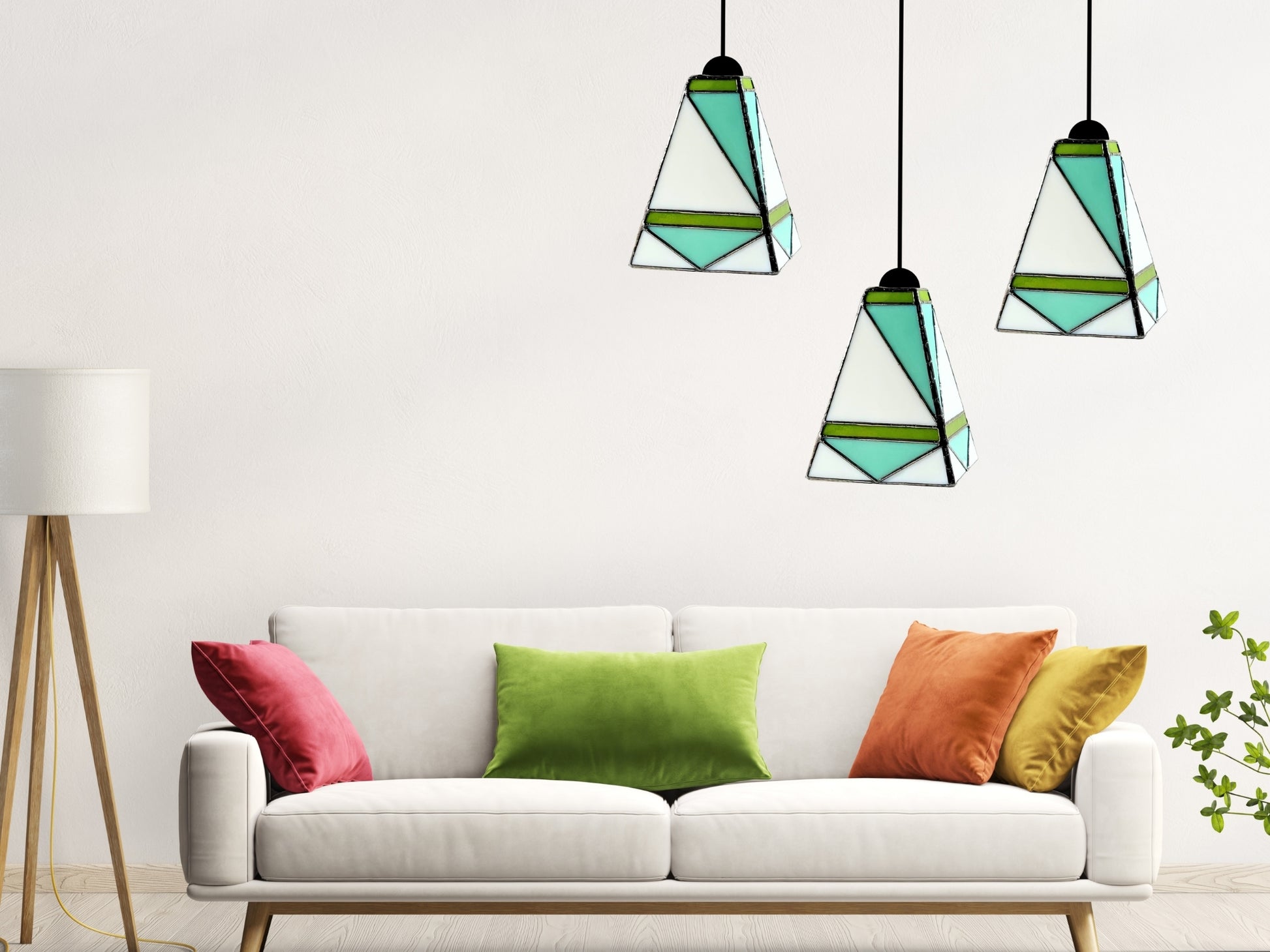 GeoGlow Mid-Century Modern Stained Glass Pendant – Designer Trio Set of 3 - Samara Designs Studio