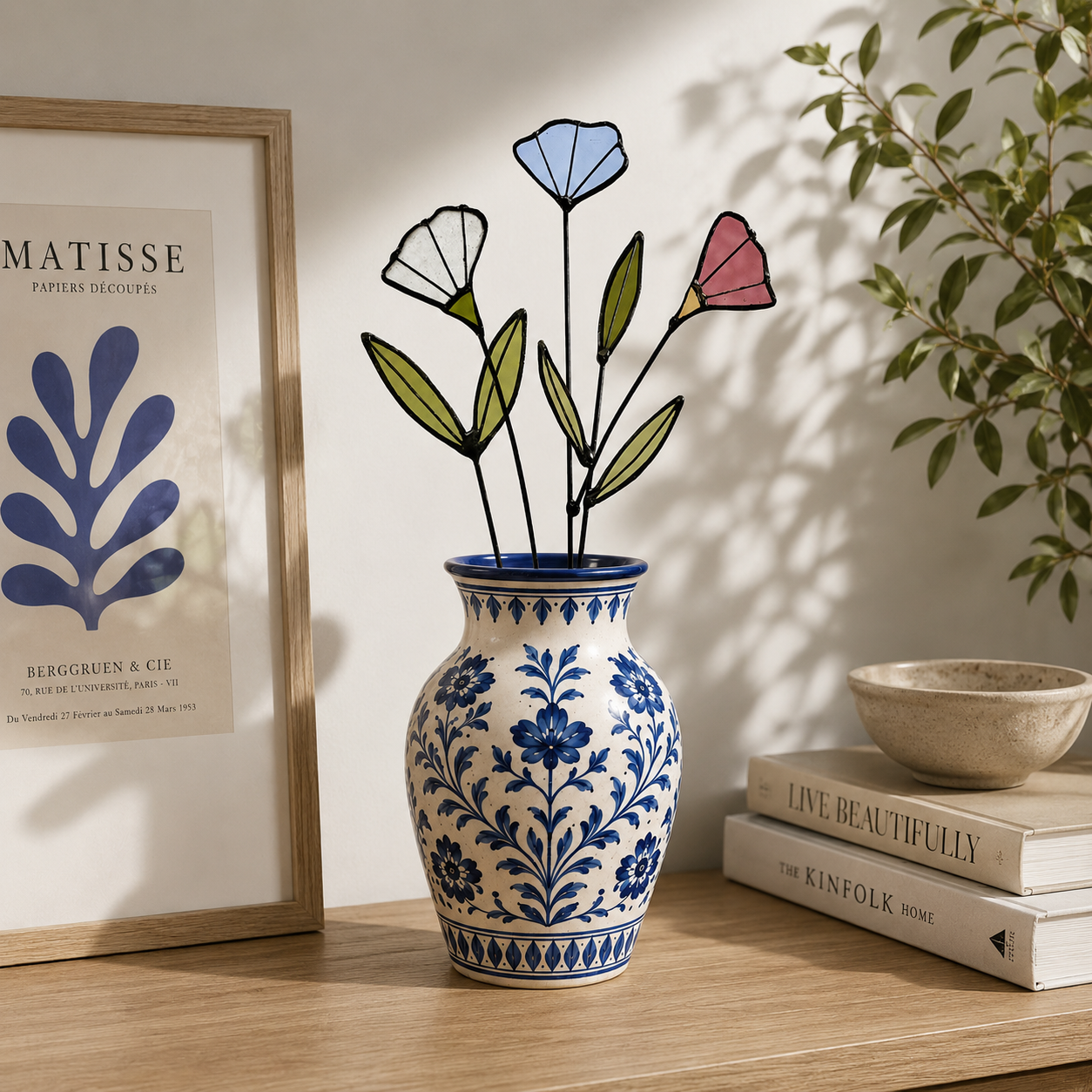 Handmade Stained Glass Wildflower Arrangement – Blue, Dusty Rose & White Blossoms - Samara Designs Studio