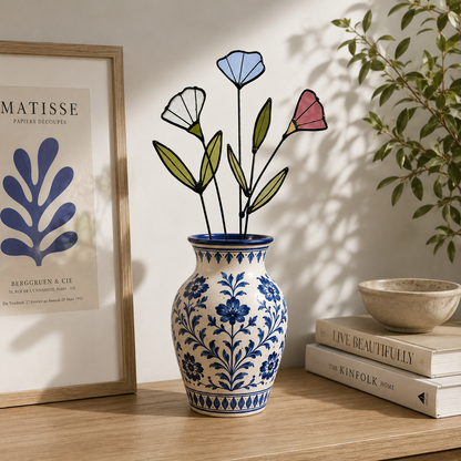 Handmade Stained Glass Wildflower Arrangement – Blue, Dusty Rose & White Blossoms - Samara Designs Studio