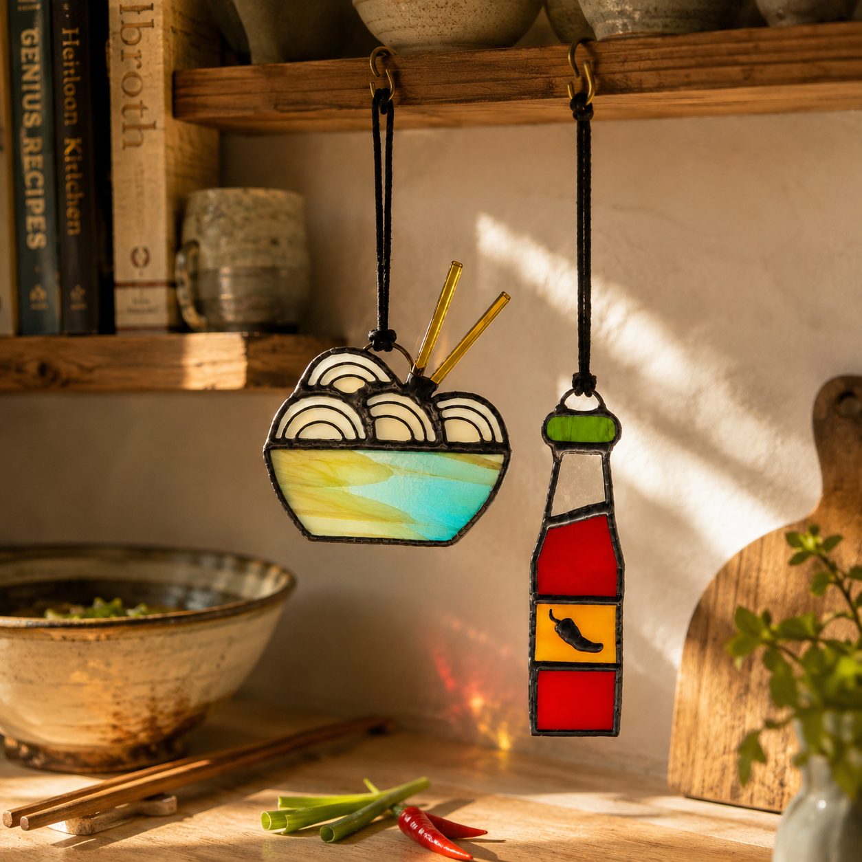 Stained Glass Ramen + Hot Sauce Gift Set | Foodie Suncatchers & Christmas Ornaments