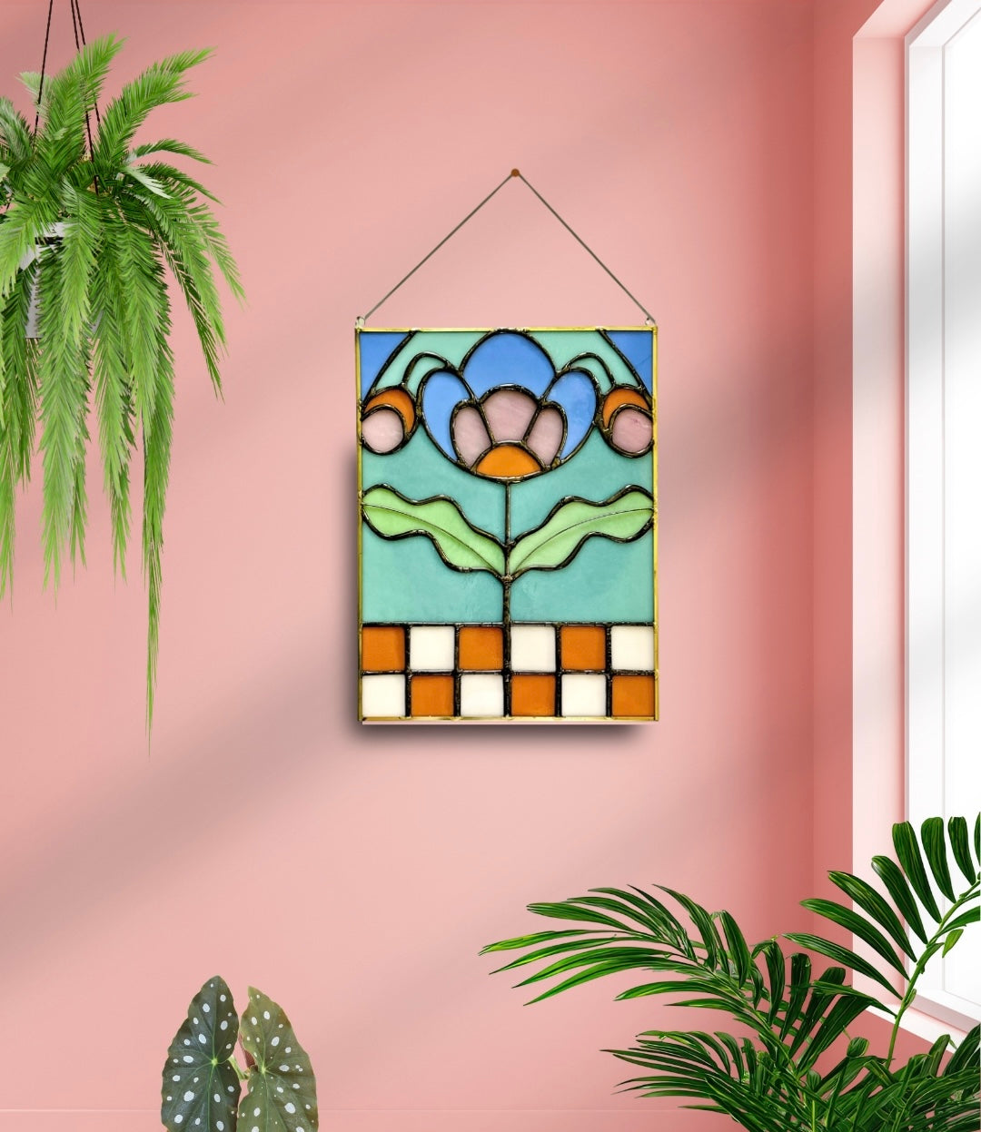 Checkered Blossom Folk Art Botanical Stained Glass Panel - Samara Designs Studio