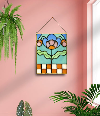 Checkered Blossom Folk Art Botanical Stained Glass Panel - Samara Designs Studio