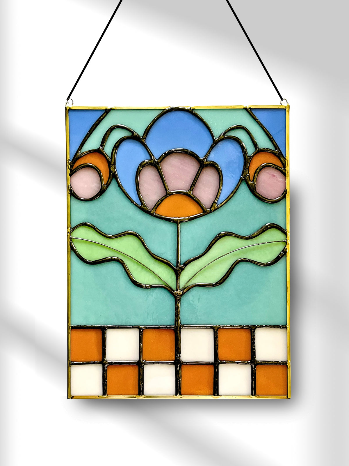 Checkered Blossom Folk Art Botanical Stained Glass Panel - Samara Designs Studio