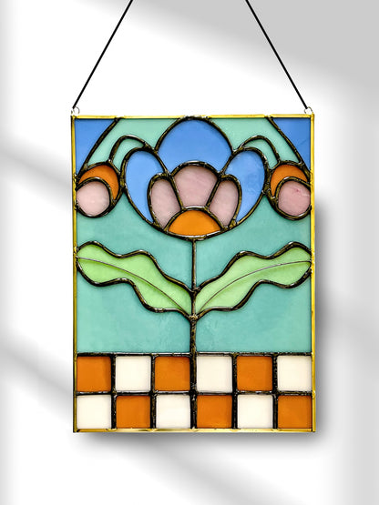 Checkered Blossom Folk Art Botanical Stained Glass Panel - Samara Designs Studio