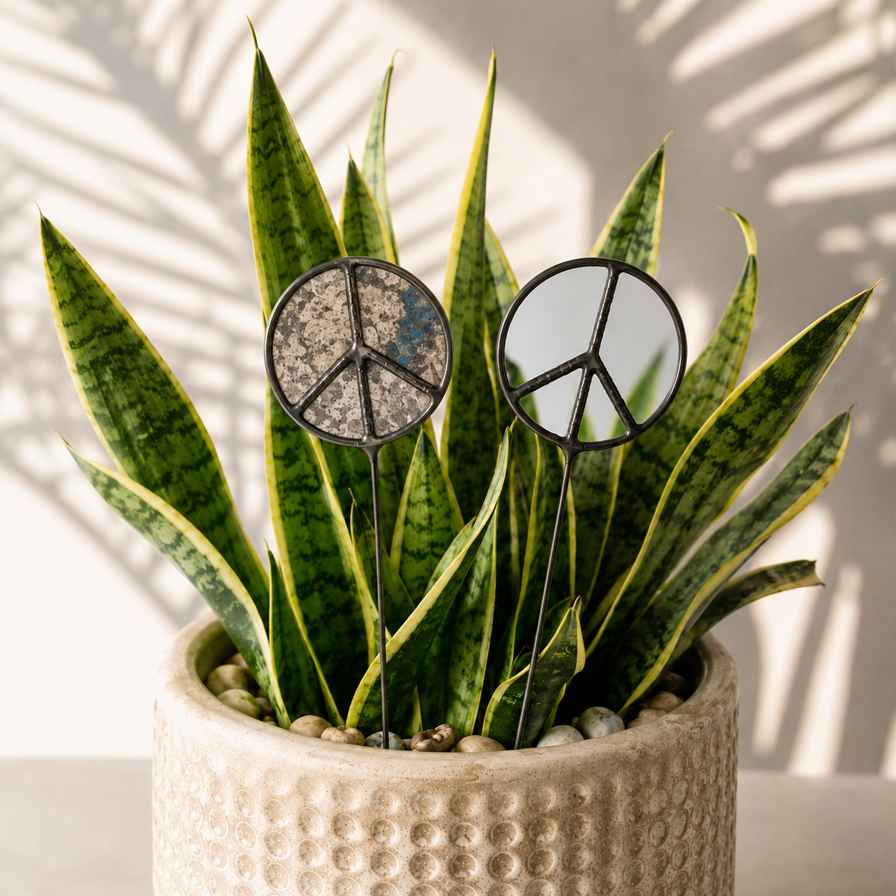 Mirror Peace Sign Plant Stakes – Plain or Antique Glass - Samara Designs Studio