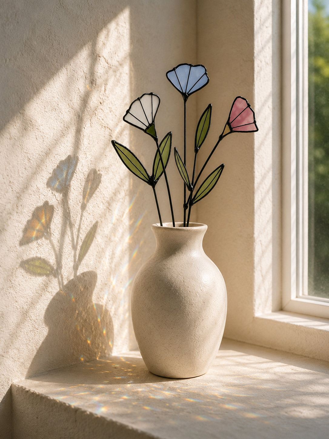 Handmade Stained Glass Wildflower Arrangement – Blue, Dusty Rose & White Blossoms - Samara Designs Studio