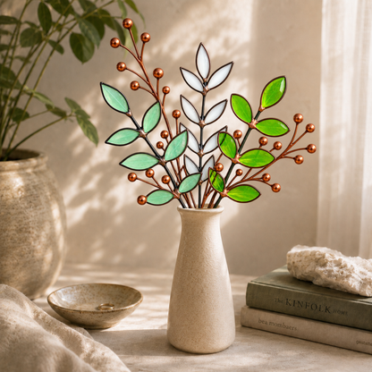 Handmade stained glass botanical arrangement featuring seafoam green, white and bright green glass leaves accented with sculptural copper berry branches, displayed in a cream ceramic vase.