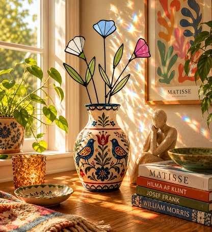 Handmade Stained Glass Wildflower Arrangement – Blue, Dusty Rose & White Blossoms - Samara Designs Studio