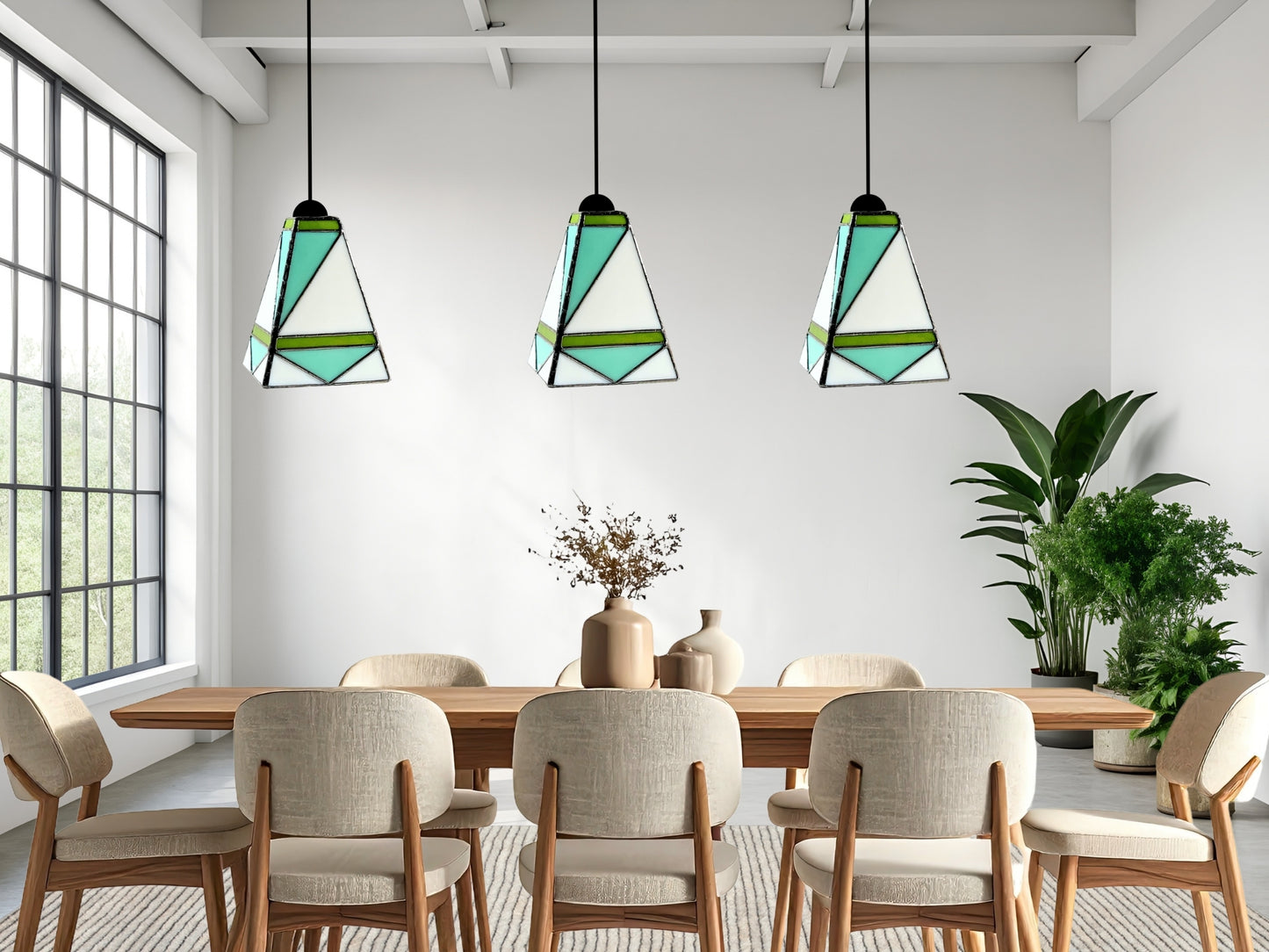 GeoGlow Mid-Century Modern Stained Glass Pendant – Designer Trio Set of 3 - Samara Designs Studio