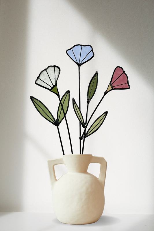 Handmade Stained Glass Wildflower Arrangement – Blue, Dusty Rose & White Blossoms