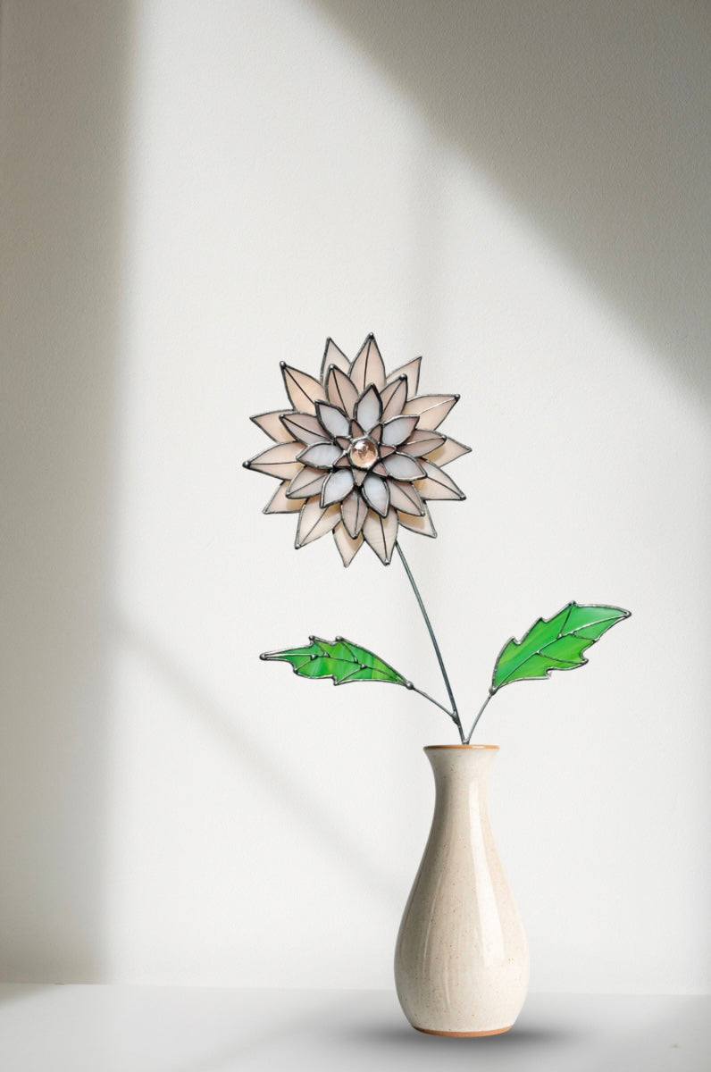 Peachy Pink 3D Stained Glass Dahlia Stem | Layered Glass Flower Art - Samara Designs Studio
