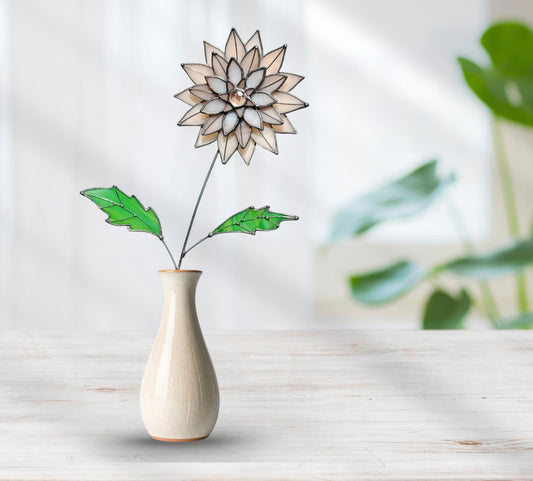 Peachy Pink 3D Stained Glass Dahlia Stem | Layered Glass Flower Art - Samara Designs Studio